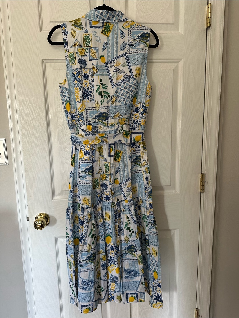 J.Crew La Dolce Vita Lemon Print Midi Shirt Dress, Sleeveless Tiered Belted - Picture 2 of 4